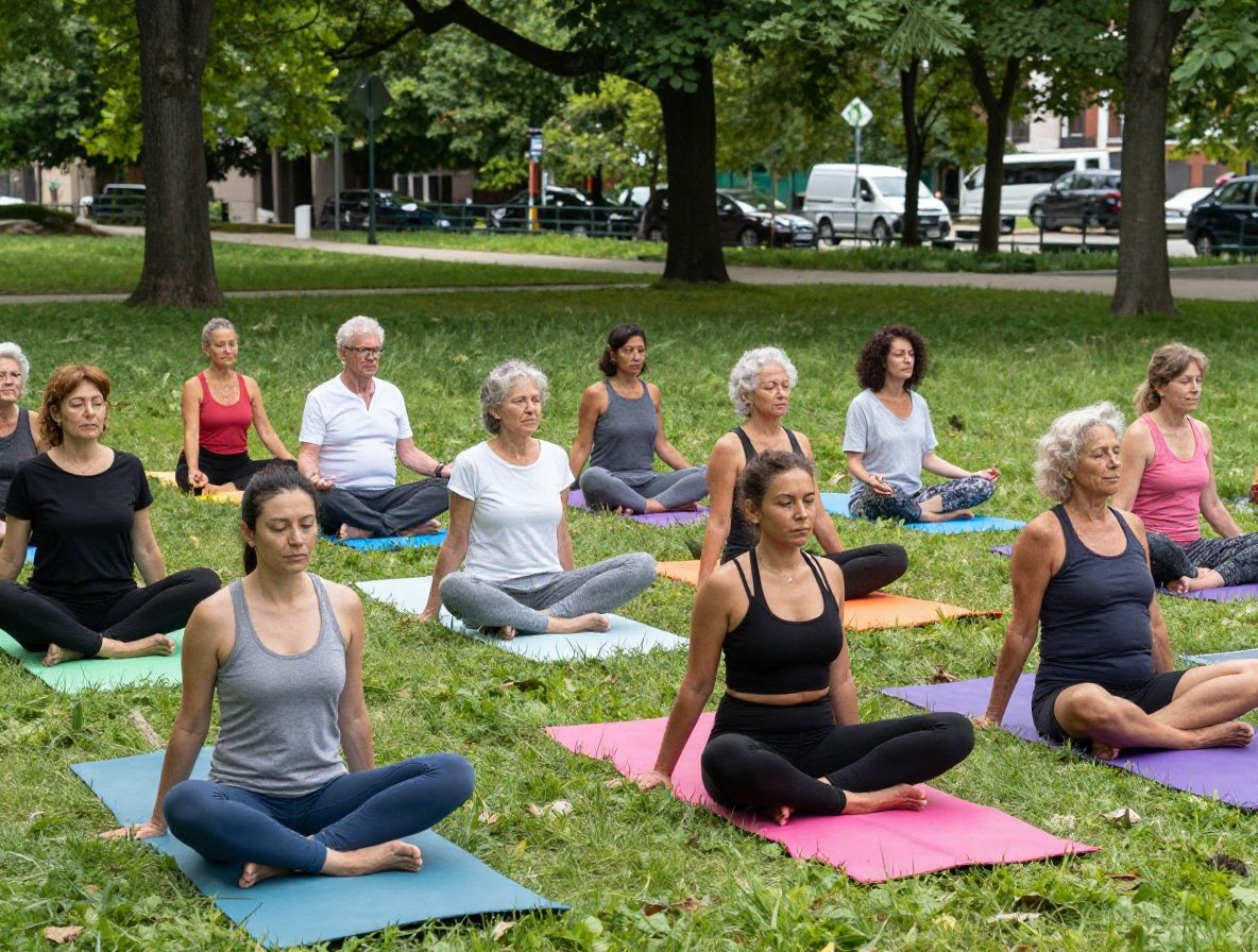 Groupe de personnes de différents âges pratiquant le yoga dans un parc urbain ensoleillé, sur des tapis colorés disposés en cercle sur l'herbe verte, dans une atmosphère de sérénité et de concentration
