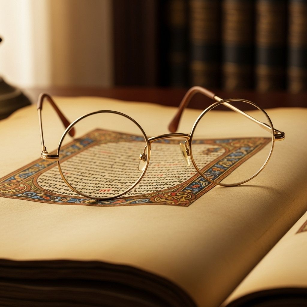 Paire de lunettes rondes à monture dorée ancienne posée sur un manuscrit en parchemin jauni dans une lumière chaude de bibliothèque, symbolisant l'histoire et l'évolution des instruments d'aide à la vision